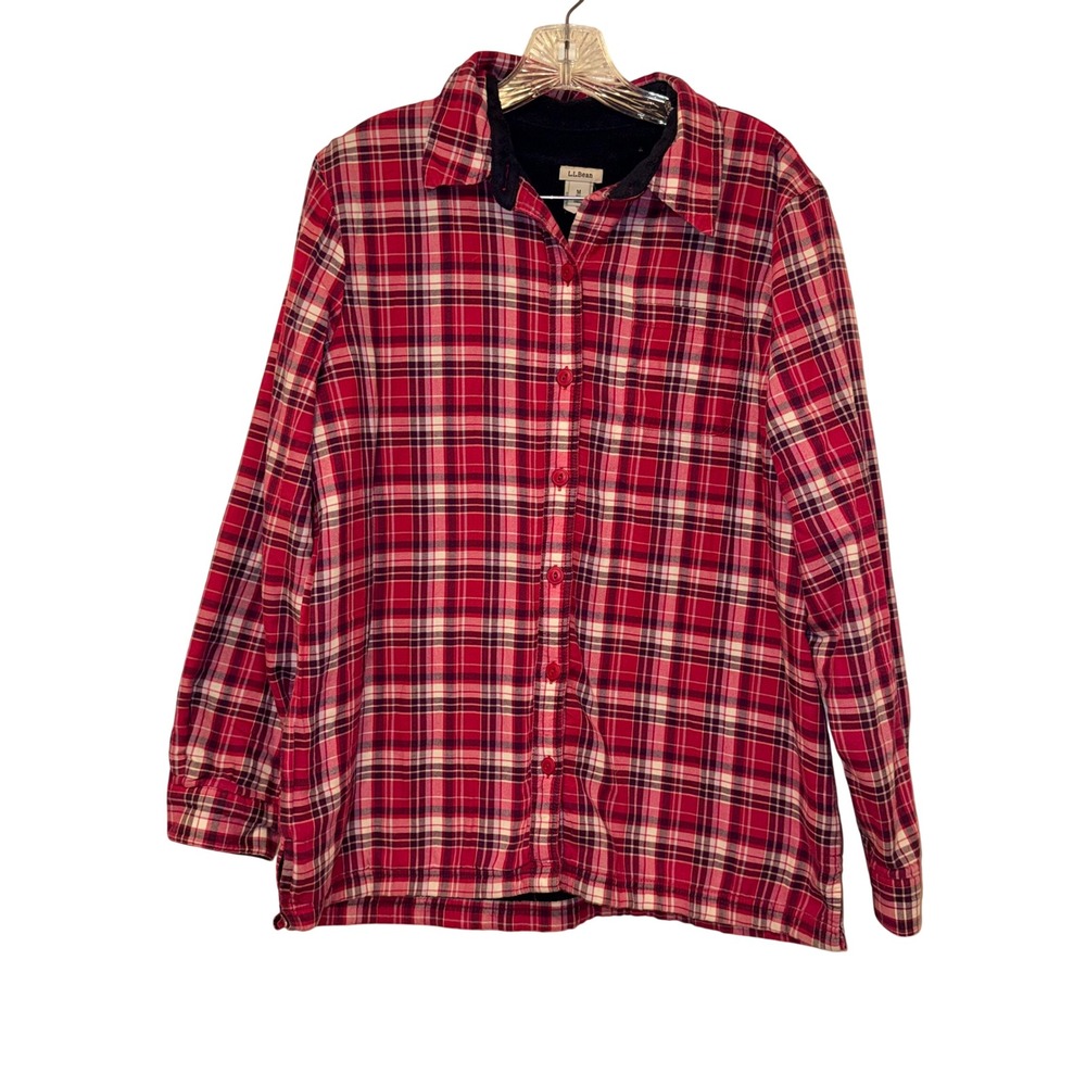 L.L. Bean Fleece Lined Flannel Shirt Womens Medium Red Plaid Cotton Polyester